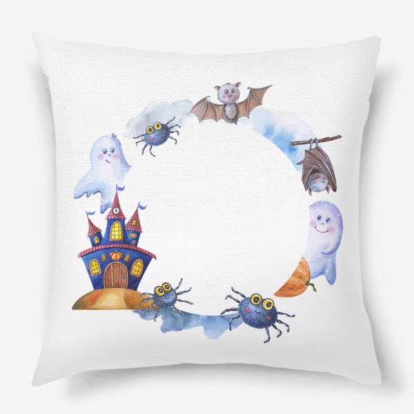 Подушка «Хэллоуин с замком, привидениями, пауками и летучими мышами.»