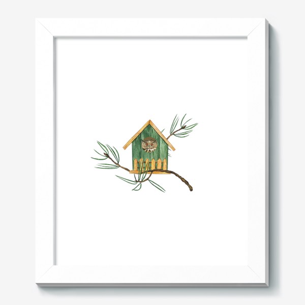 Картина «Птица сова в скворечнике, акварельный домик и веточка сосны»