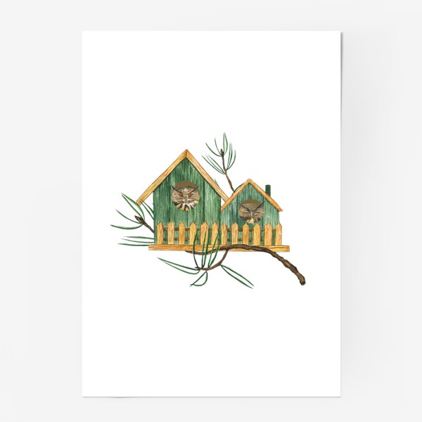 Постер «Акварельный птичий домик с совами»
