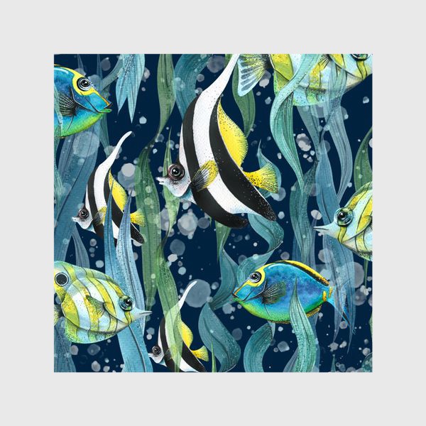 Шторы &laquo;Яркие, полосатые тропические рыбки в море, водоросли. Акварельный паттерн.&raquo;