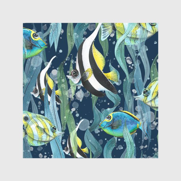 Скатерть &laquo;Яркие, полосатые тропические рыбки в море, водоросли. Акварельный паттерн.&raquo;