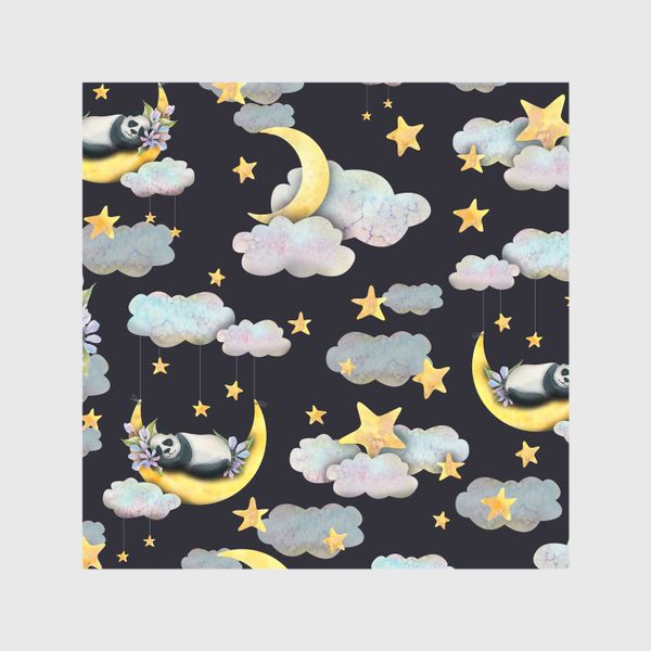 Шторы &laquo;Милые мишки панды спят на луне в облаках со звездами. Акварельный паттерн.&raquo;