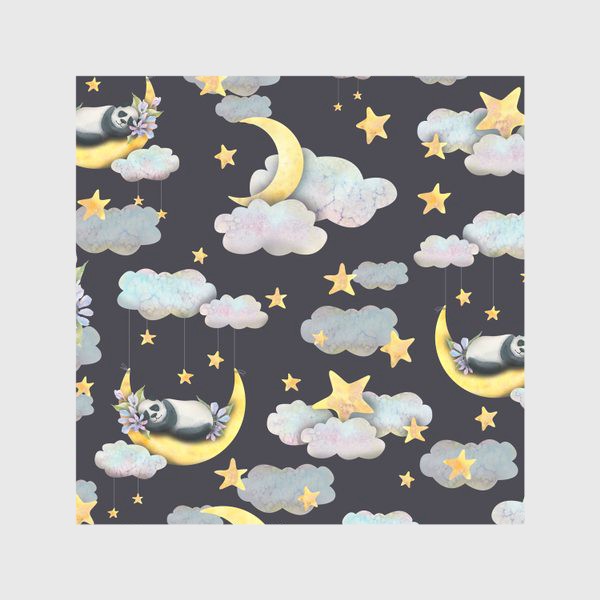 Скатерть «Милые мишки панды спят на луне в облаках со звездами. Акварельный паттерн.»