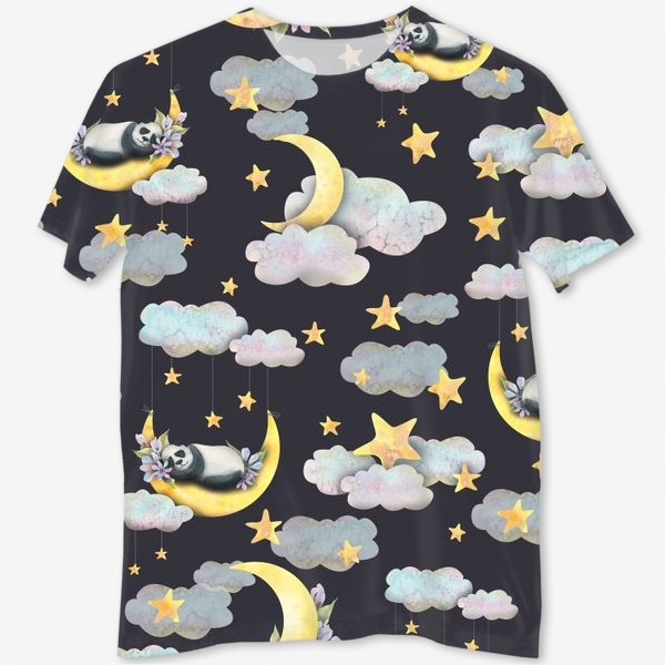 Футболка с полной запечаткой &laquo;Милые мишки панды спят на луне в облаках со звездами. Акварельный паттерн.&raquo;