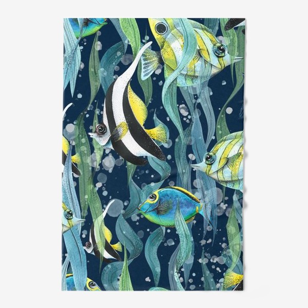 Полотенце &laquo;Яркие, полосатые тропические рыбки в море, водоросли. Акварельный паттерн.&raquo;