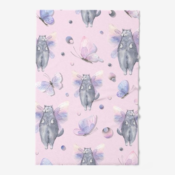 Полотенце «Серые котики, розовые и сиреневые бабочки. Акварельный паттерн.»
