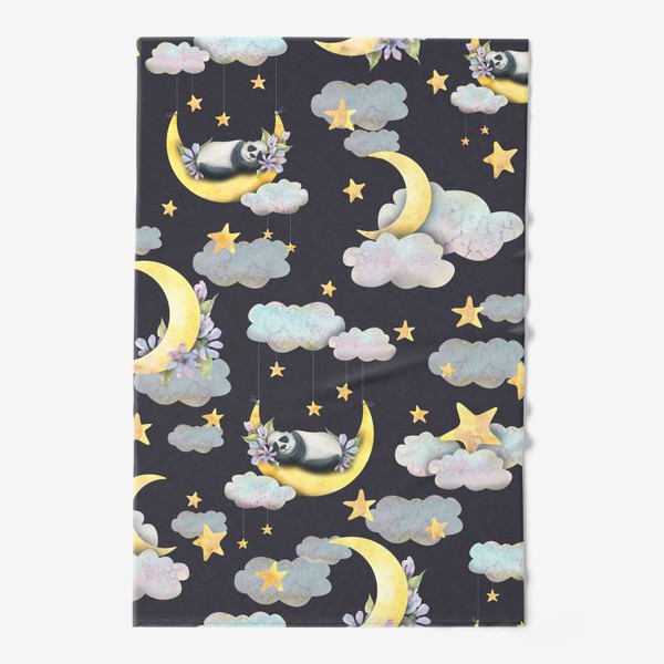 Полотенце &laquo;Милые мишки панды спят на луне в облаках со звездами. Акварельный паттерн.&raquo;