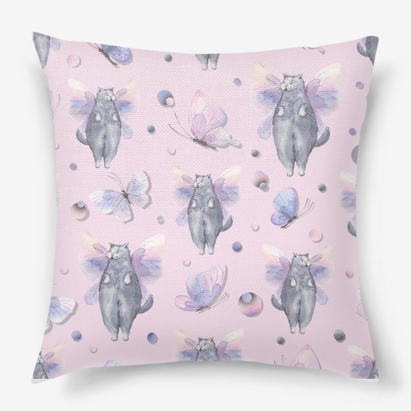 Подушка «Серые котики, розовые и сиреневые бабочки. Акварельный паттерн.»