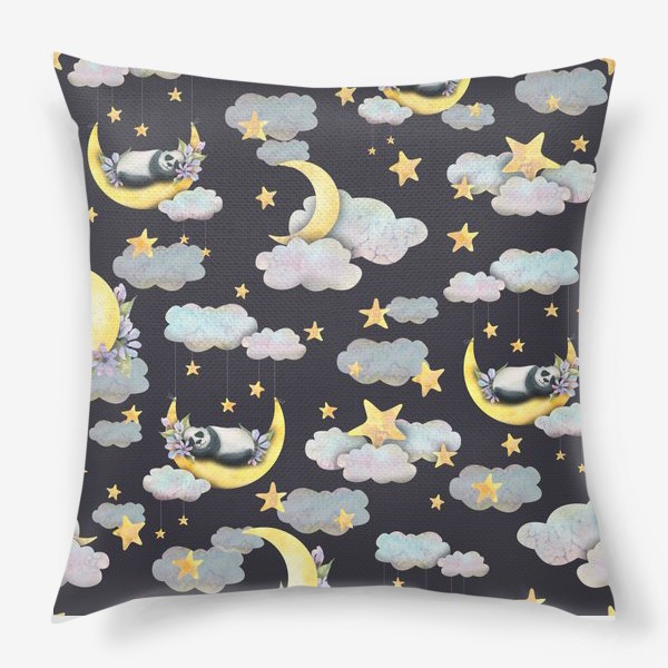 Подушка &laquo;Милые мишки панды спят на луне в облаках со звездами. Акварельный паттерн.&raquo;