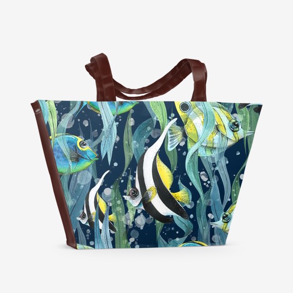 Пляжная сумка «Яркие, полосатые тропические рыбки в море, водоросли. Акварельный паттерн.»