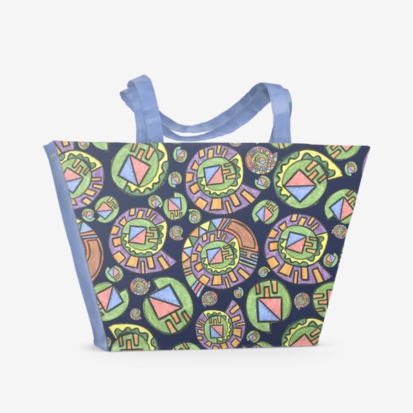Пляжная сумка «Абстракция разноцветная, синий фон. Графика, акварель, паттерн.»
