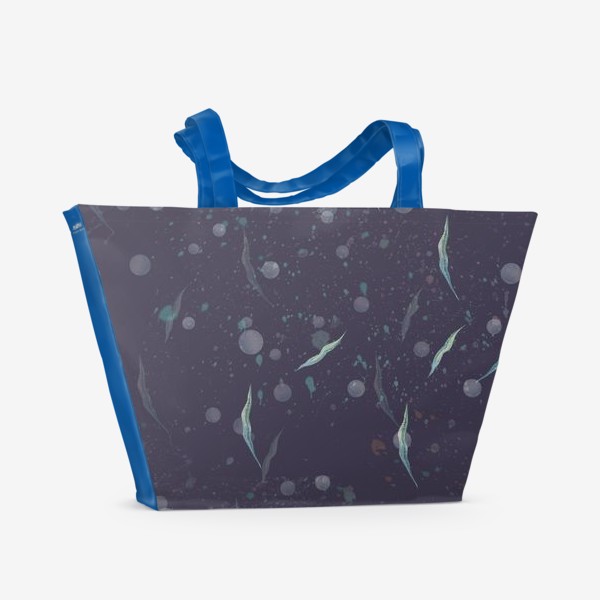 Пляжная сумка «Морская вода, пучина, пузырики, водоросли, темный, акварельный паттерн.»