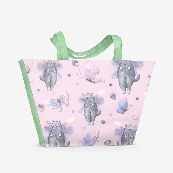 Пляжная сумка &laquo;Серые котики, розовые и сиреневые бабочки. Акварельный паттерн.&raquo;