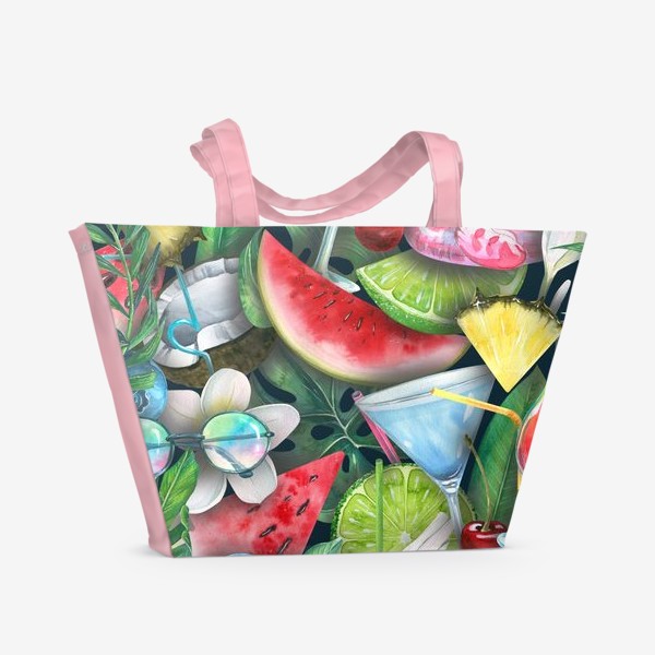 Пляжная сумка «Пляжный бар, фрукты, ягоды, коктейли, фламинго, тропический, акварельный паттерн.»