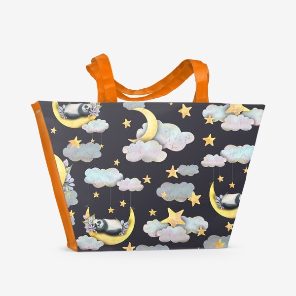 Пляжная сумка «Милые мишки панды спят на луне в облаках со звездами. Акварельный паттерн.»