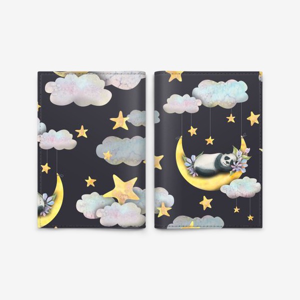 Обложка для паспорта «Милые мишки панды спят на луне в облаках со звездами. Акварельный паттерн.»
