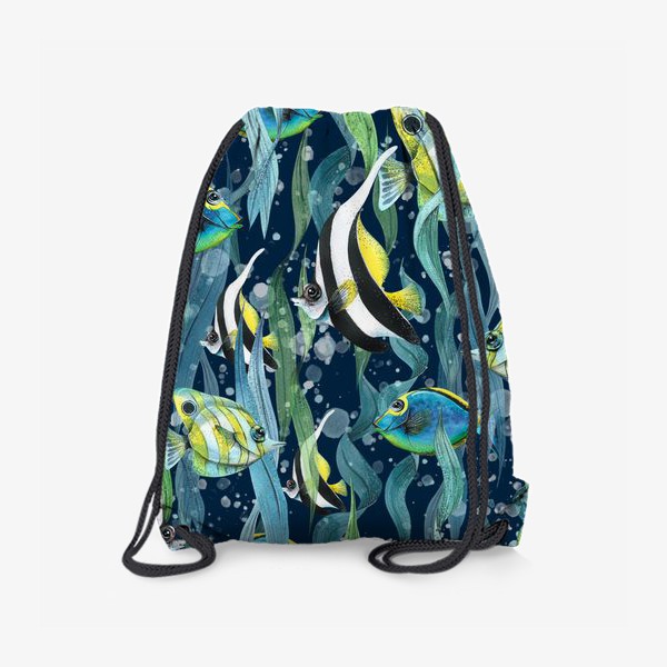 Рюкзак «Яркие, полосатые тропические рыбки в море, водоросли. Акварельный паттерн.»