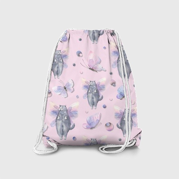 Рюкзак «Серые котики, розовые и сиреневые бабочки. Акварельный паттерн.»