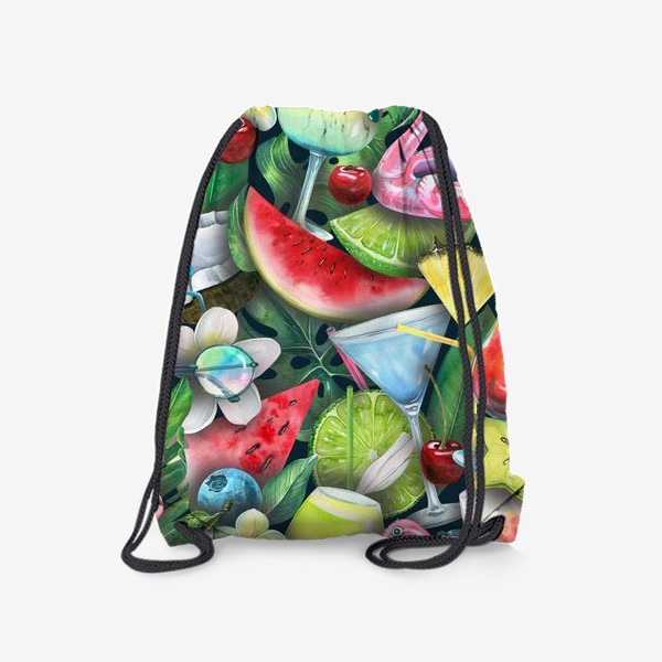 Рюкзак «Пляжный бар, фрукты, ягоды, коктейли, фламинго, тропический, акварельный паттерн.»