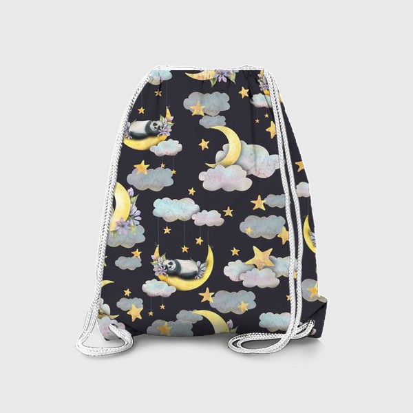 Рюкзак «Милые мишки панды спят на луне в облаках со звездами. Акварельный паттерн.»