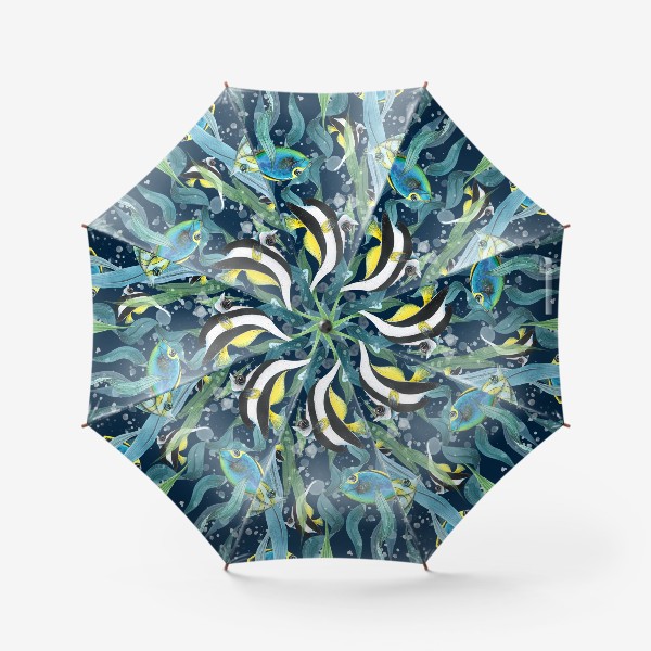 Зонт &laquo;Яркие, полосатые тропические рыбки в море, водоросли. Акварельный паттерн.&raquo;