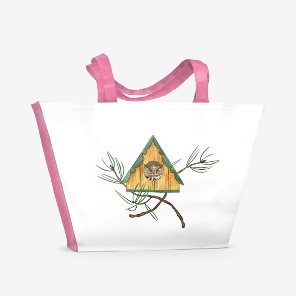 Пляжная сумка «Сова или филин в скворечнике с веточками сосны, акварель»