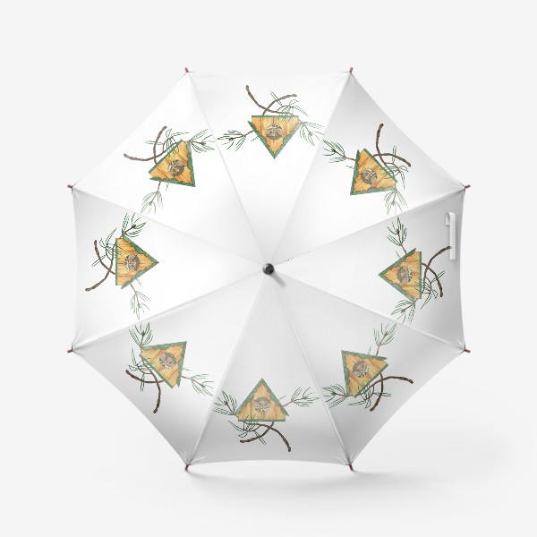 Зонт «Сова или филин в скворечнике с веточками сосны, акварель»