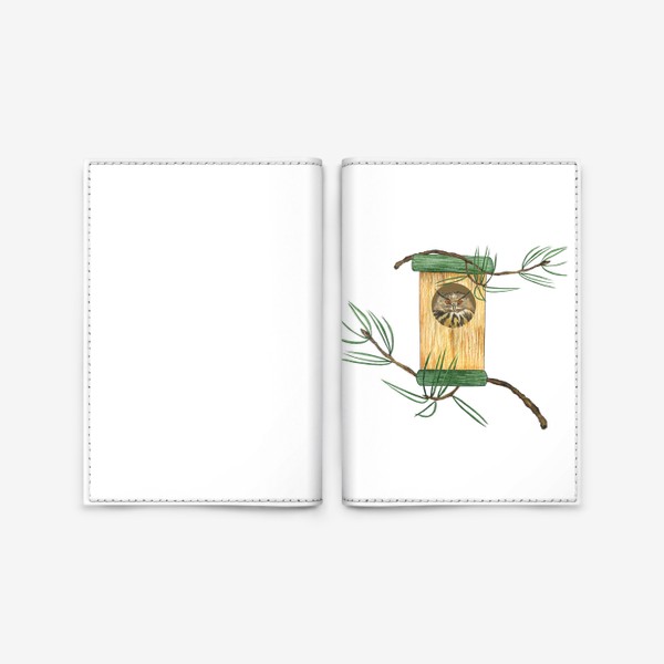Обложка для паспорта «Филин или сова в скворечнике, акварельная лесная птица»