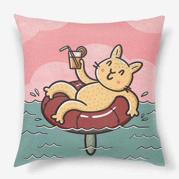 Подушка «Милый кот отдыхает на море с коктейлем »