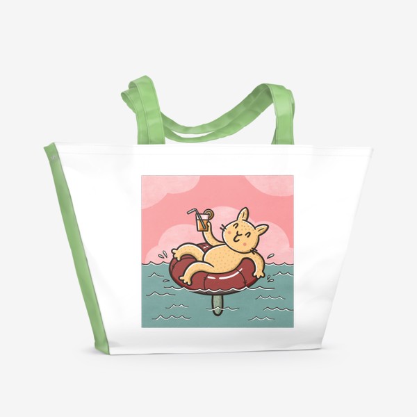 Пляжная сумка «Милый кот отдыхает на море с коктейлем »