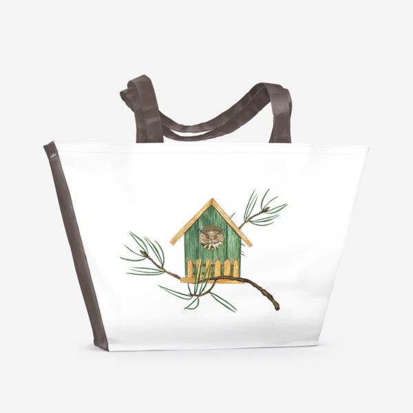 Пляжная сумка &laquo;Птица сова в скворечнике, акварельный домик и веточка сосны&raquo;