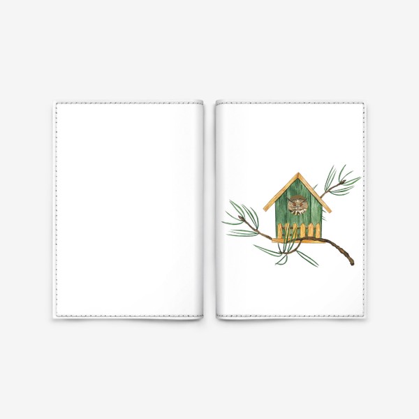 Обложка для паспорта «Птица сова в скворечнике, акварельный домик и веточка сосны»