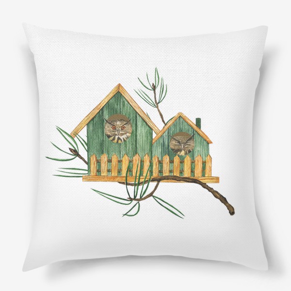 Подушка «Акварельный птичий домик с совами»