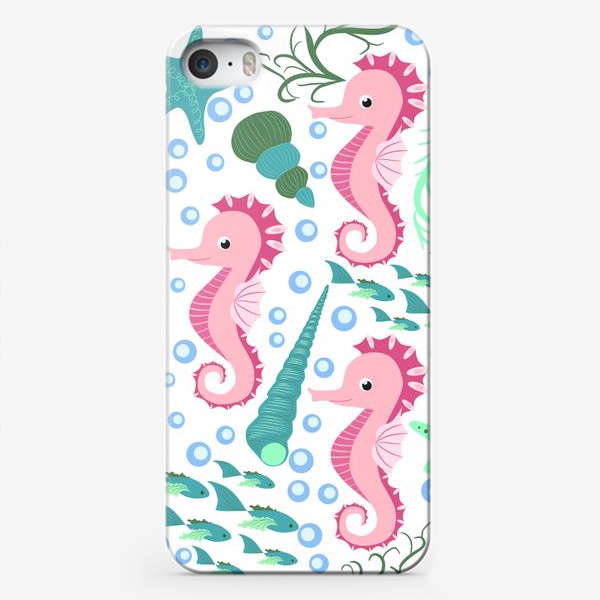 Чехол iPhone «Розовые морские коньки и рыбки в море»
