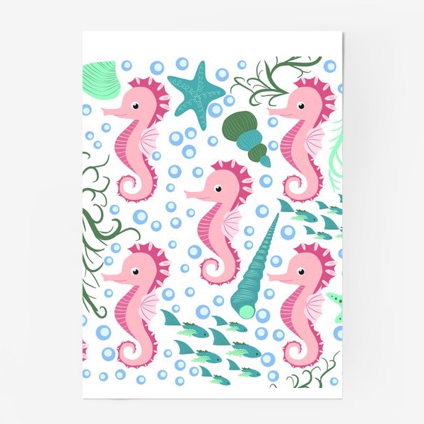 Постер «Розовые морские коньки и рыбки в море»