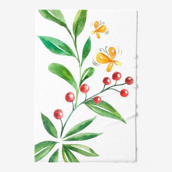 Полотенце «акварель ветки растения с ягодой бабочки с надписью лето на белом фоне»