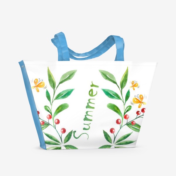 Пляжная сумка «акварель ветки растения с ягодой бабочки с надписью лето на белом фоне»