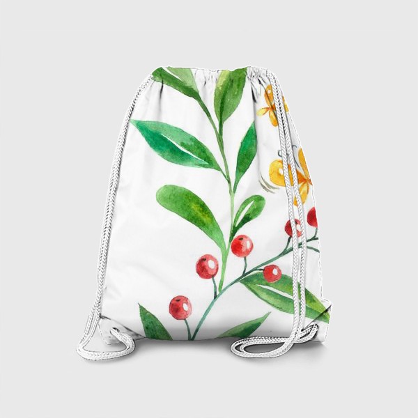 Рюкзак «акварель ветки растения с ягодой бабочки с надписью лето на белом фоне»