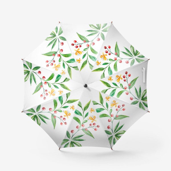 Зонт «акварель ветки растения с ягодой бабочки с надписью лето на белом фоне»