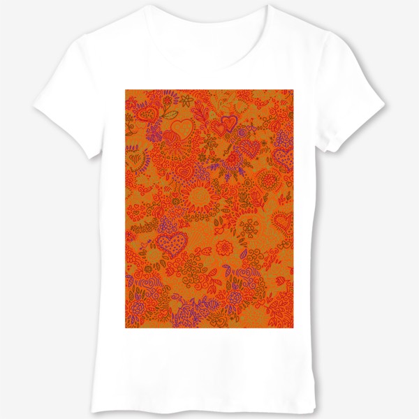 Футболка &laquo;паттерн бесшовный сердца и цветы с растениями абстрактный оранжевый&raquo;