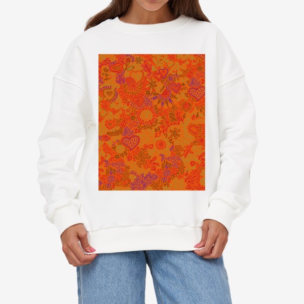 Свитшот «паттерн бесшовный сердца и цветы с растениями абстрактный оранжевый»