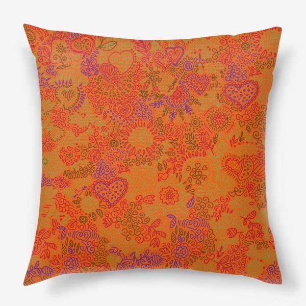 Подушка «паттерн бесшовный сердца и цветы с растениями абстрактный оранжевый»