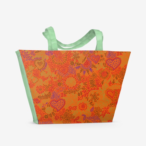 Пляжная сумка &laquo;паттерн бесшовный сердца и цветы с растениями абстрактный оранжевый&raquo;