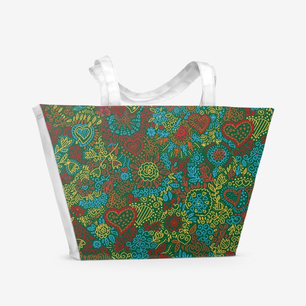 Пляжная сумка «паттерн бесшовный сердца и цветы с растениями абстрактный зеленые»