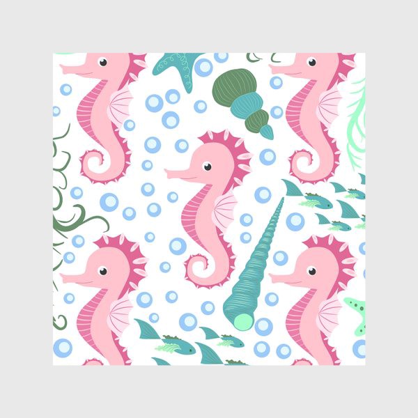 Скатерть «Розовые морские коньки и рыбки в море»
