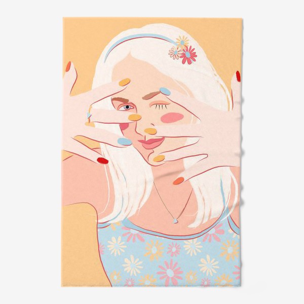 Полотенце « Красивая девушка с белыми волосами и яркими ногтями в цветочном ободке»