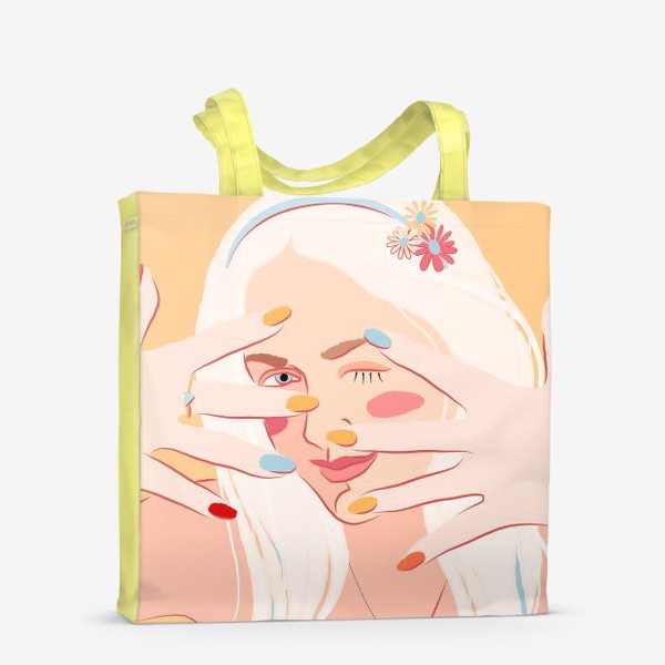 Сумка-шоппер « Красивая девушка с белыми волосами и яркими ногтями в цветочном ободке»
