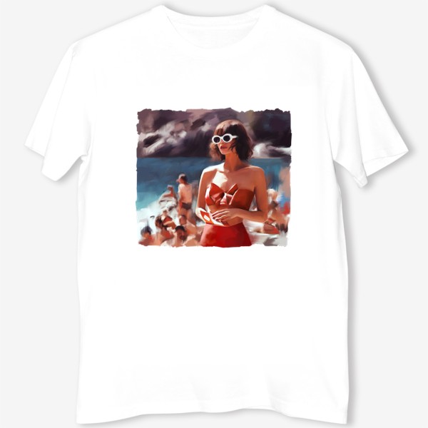 Футболка &laquo;Девушка в красном купальнике на пляже &raquo;