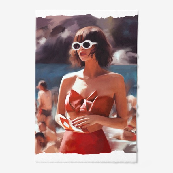 Полотенце «Девушка в красном купальнике на пляже »