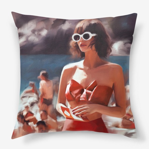 Подушка «Девушка в красном купальнике на пляже »